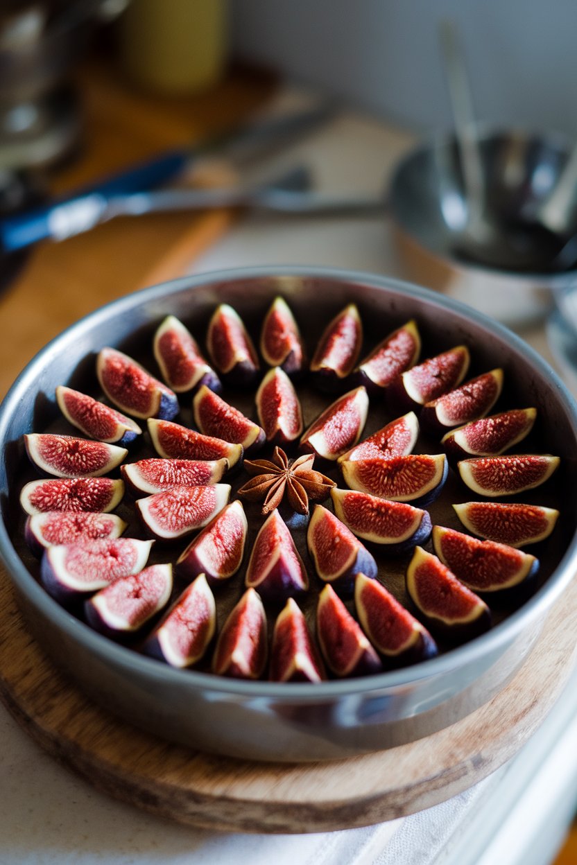 Indoor photo of halved figs baked with star anise visible in the baking dish. No text or logos.