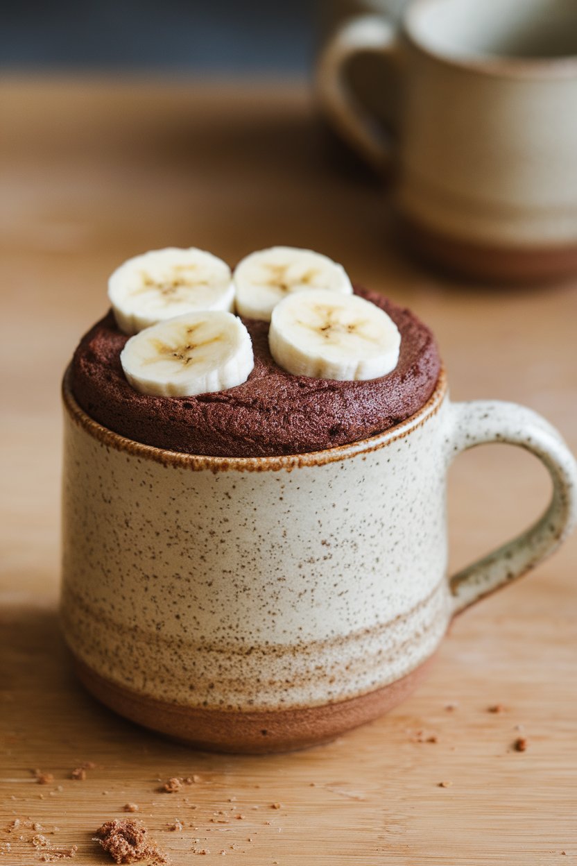 An indoor scene with a ceramic mug showing a risen chocolate mug cake topped with banana slices. No text or logos.
