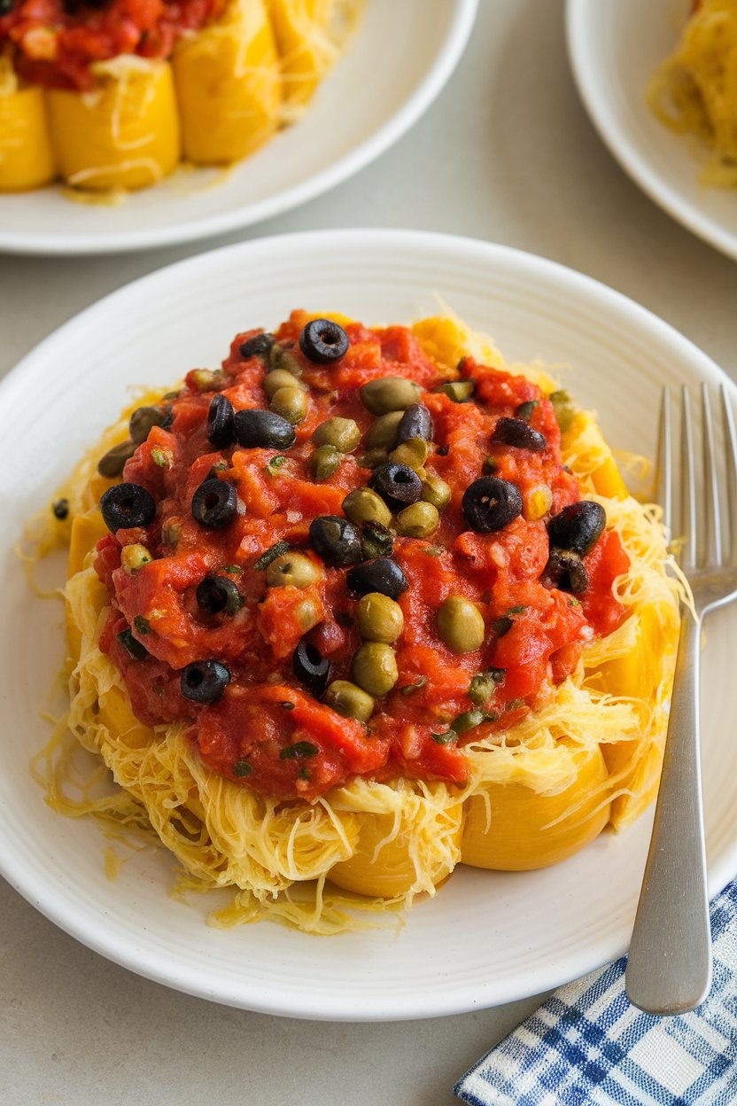 Indoor plate of spaghetti squash strands topped with puttanesca sauce (tomato, olives, capers). No text or logos.