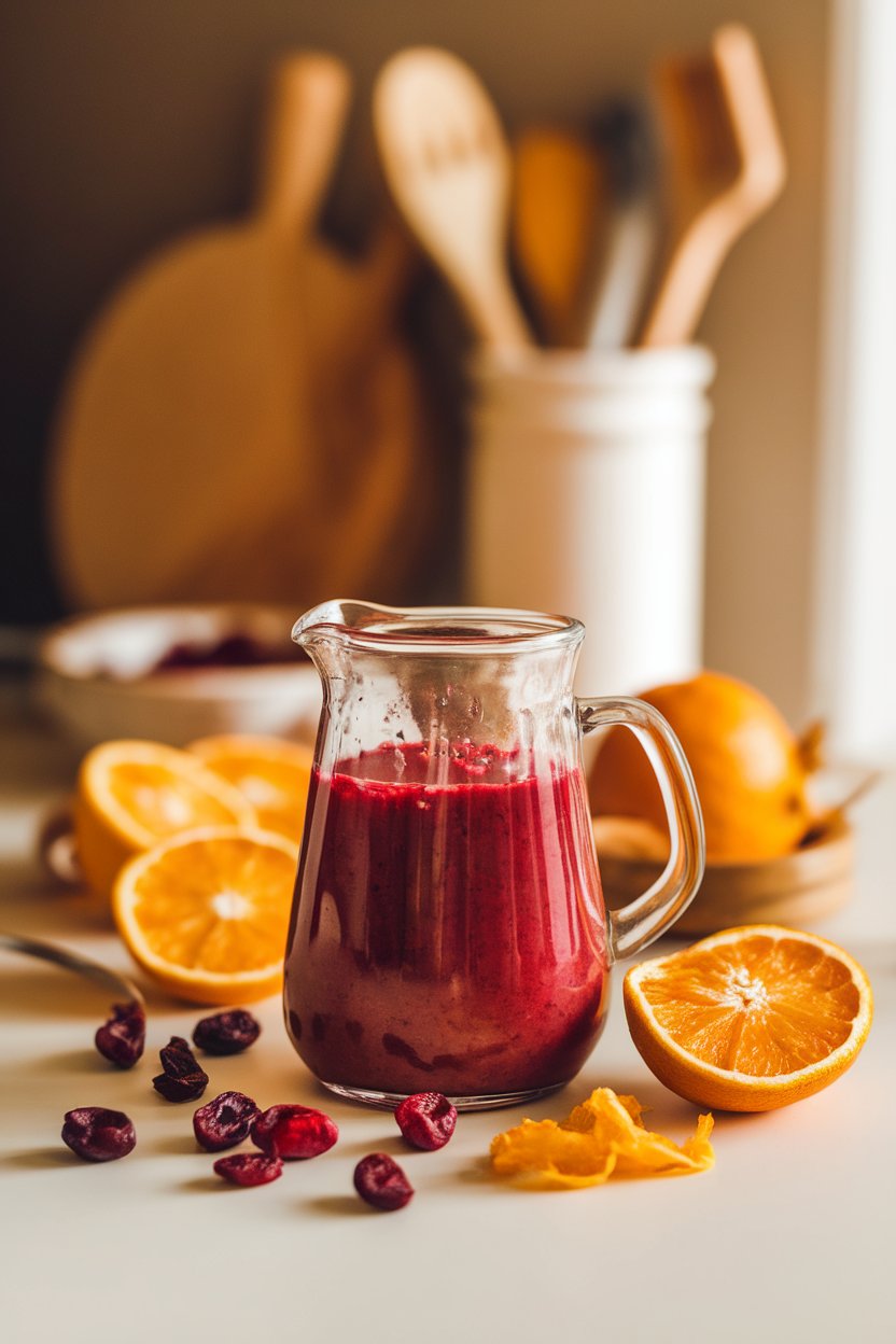 Warm indoor scene featuring a pitcher of ruby cranberry orange dressing, dried cranberries and orange peel nearby. Photo, not illustration. No text or logos.