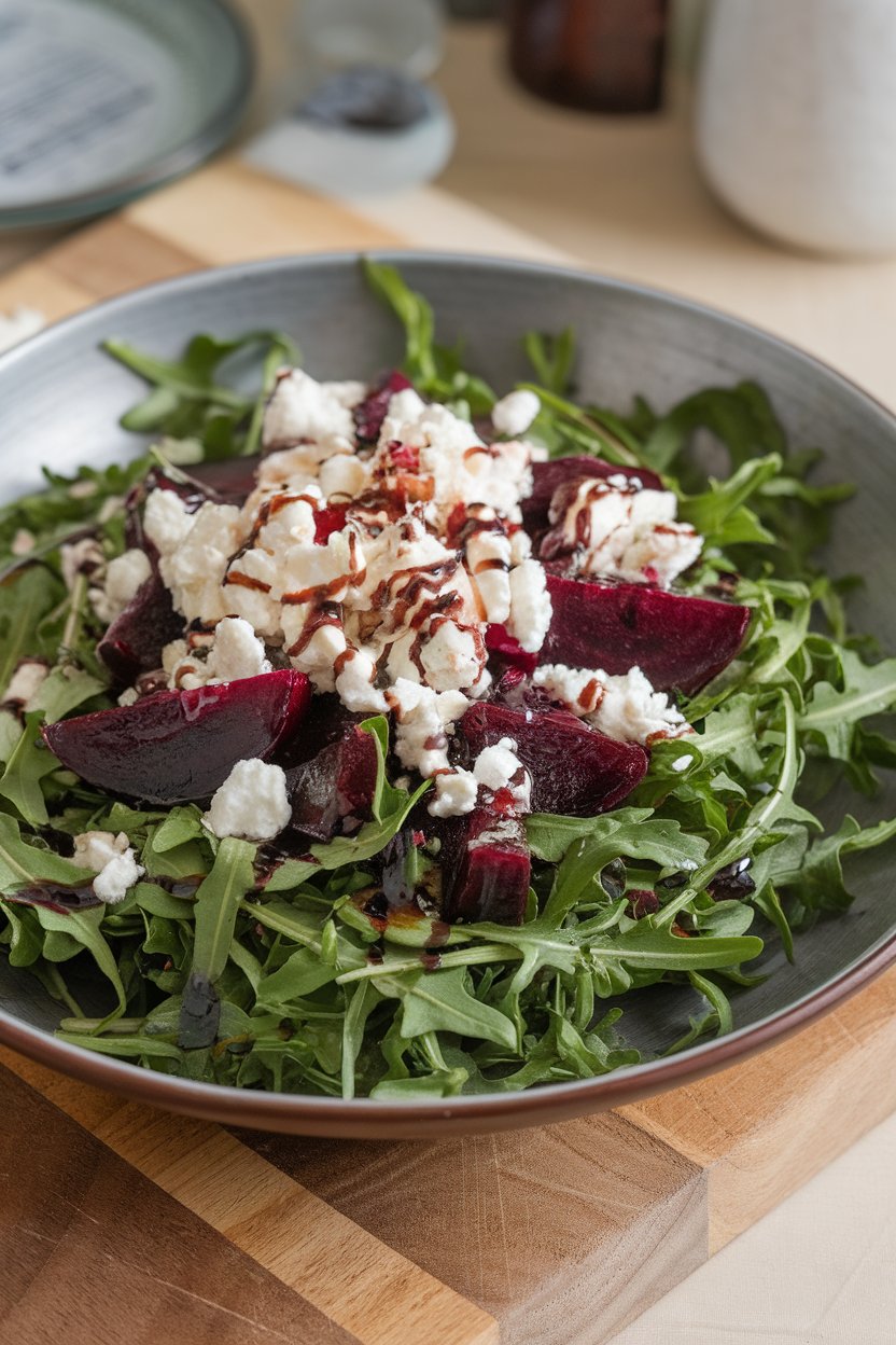 Indoor tabletop with a large shallow bowl of arugula topped with roasted beet wedges and crumbled goat cheese, drizzled with balsamic. No text or logos in frame.
