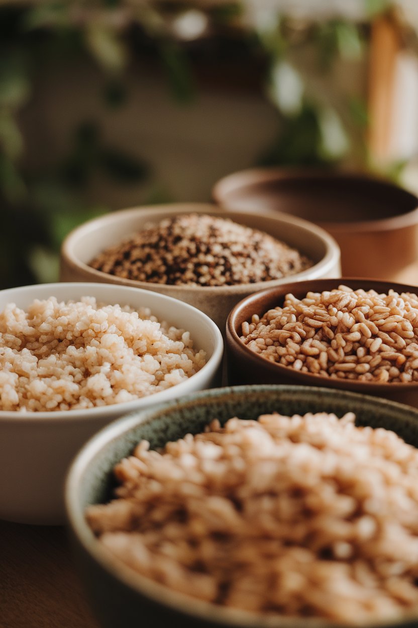 Close-up indoor photo of cooked brown rice, quinoa, and farro in separate bowls under warm light, no text.