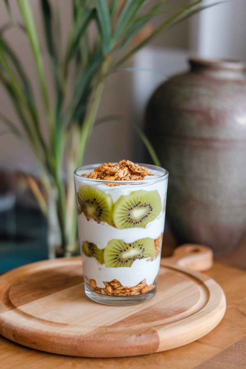 Photo of an indoor breakfast nook displaying a parfait glass layered with plain yogurt, kiwi slices, and a sprinkle of granola. No text or logos visible.