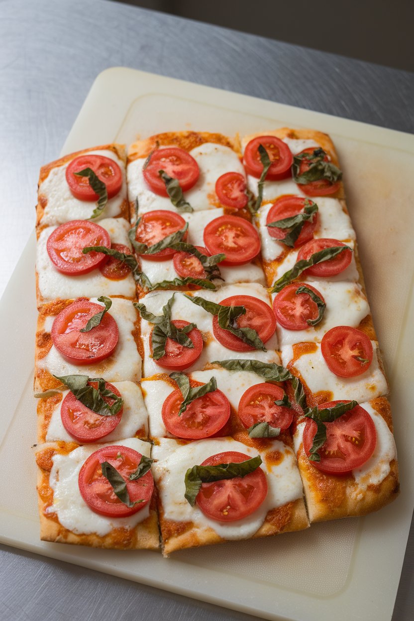 Rectangular flatbread topped with melted mozzarella, tomato slices, and basil ribbons, cut into bite-size squares on an indoor cutting board. No text or logos. Photo.
