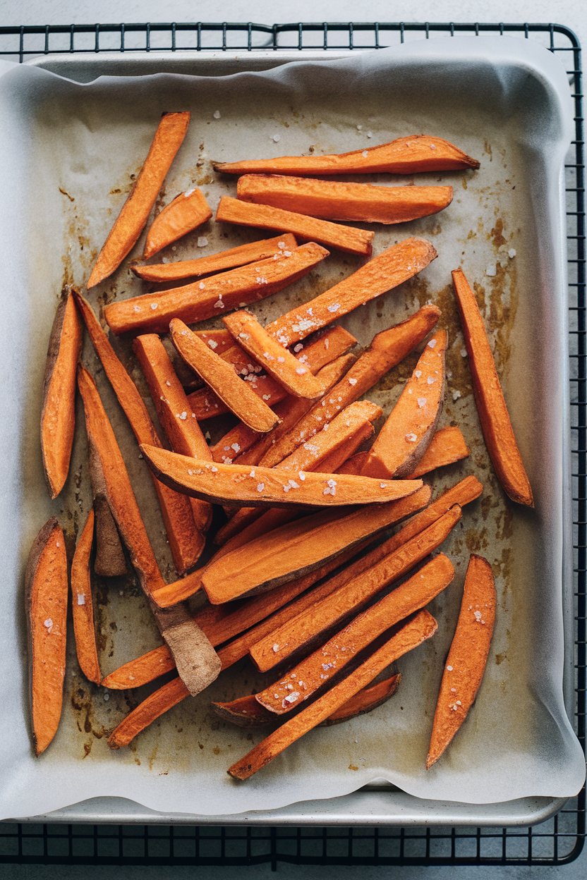 Photo of an indoor baking sheet lined with parchment, piled high with cooked sweet potato fries sprinkled with sea salt. No logos or text.