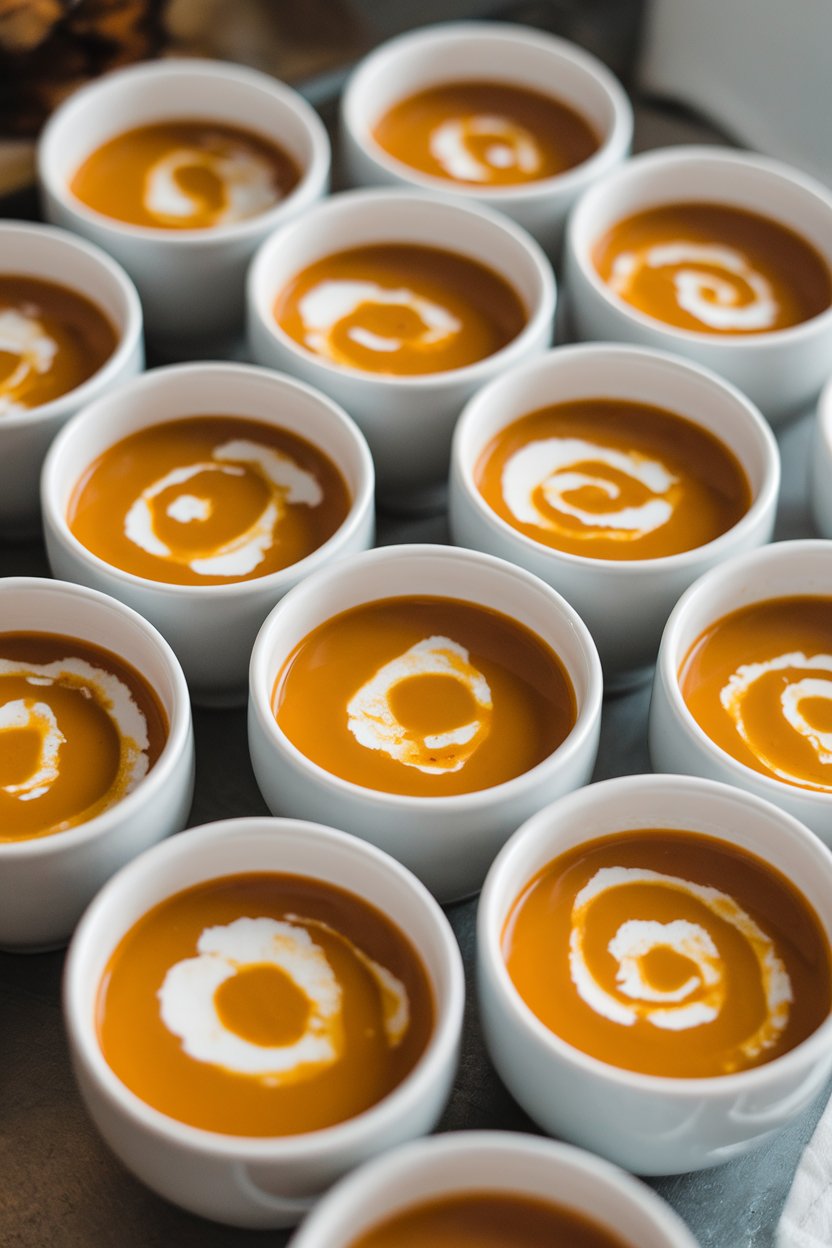 Small white cups indoors filled with velvety orange soup, garnished with a swirl of coconut milk. No text or logos.