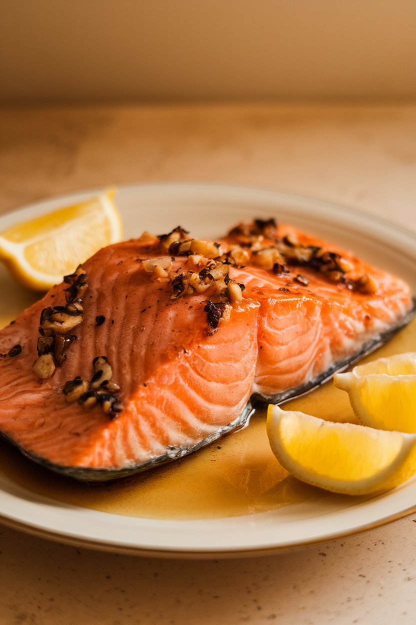 Indoor photo of flaky cooked salmon fillet glazed with honey and garlic, lemon slices on the side, no text or logos