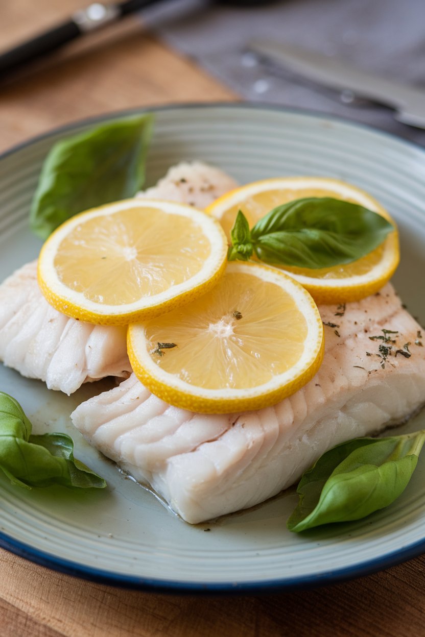Indoor food photo of flaky cooked white fish fillet with lemon slices and basil leaves on a plate; no raw fish, no text or logos.
