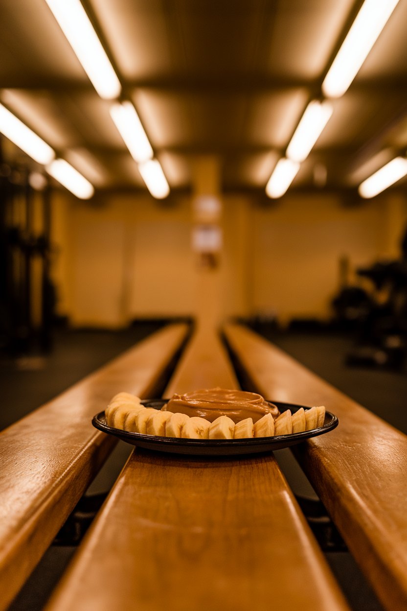 Photo of an indoor gym locker bench with a post-workout snack of banana slices and almond butter on a plate; fluorescent but warm lighting; no text or logos.