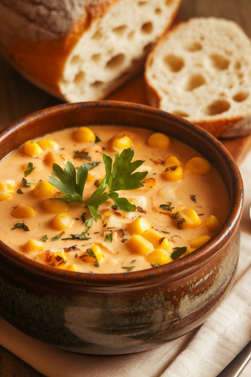 Indoor photo of dairy-free corn and potato chowder in a ceramic bowl, parsley sprinkle; no text or logos