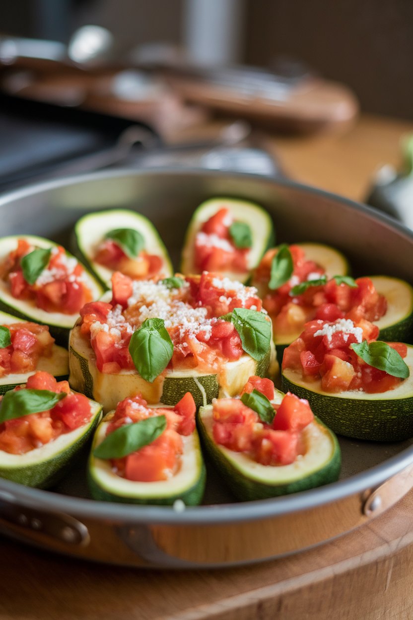 Indoor casserole pan with hollowed zucchini halves brimming with diced tomato, basil, and Parmesan. No text or logos.