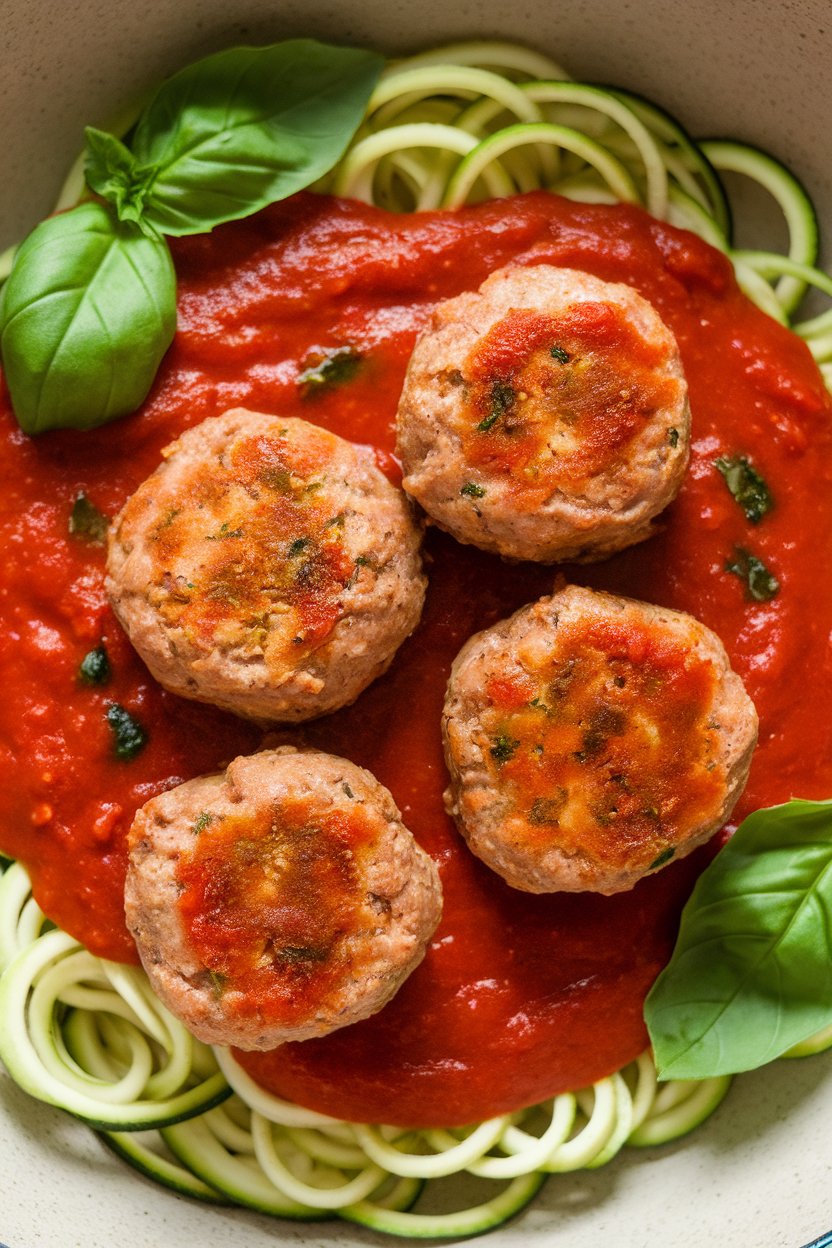 Indoor photo of turkey meatballs in marinara sauce atop zucchini noodles in a shallow bowl. No text or logos.