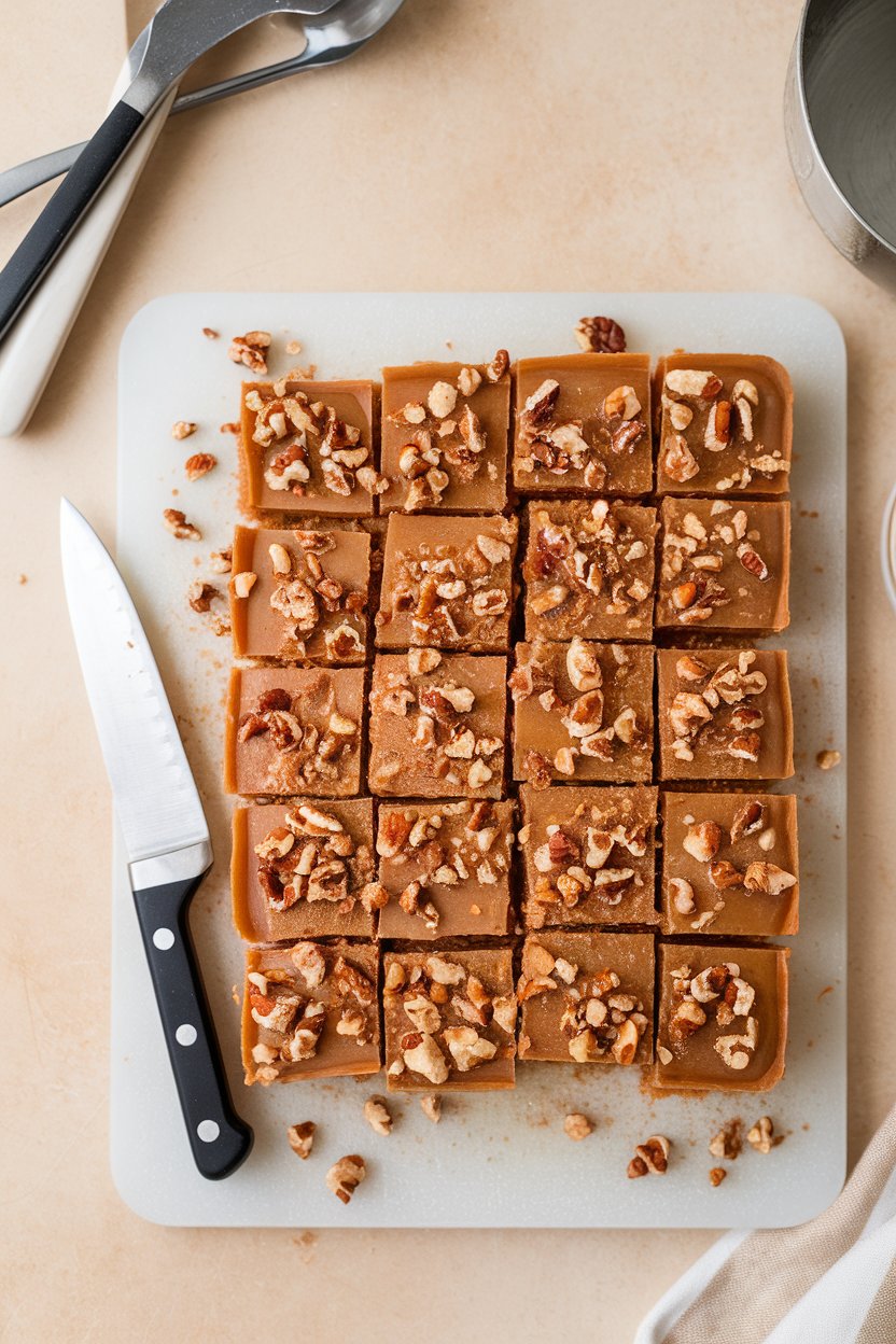 Indoor cutting board displaying no-bake carrot date squares topped with crushed pecans. No text or logos.