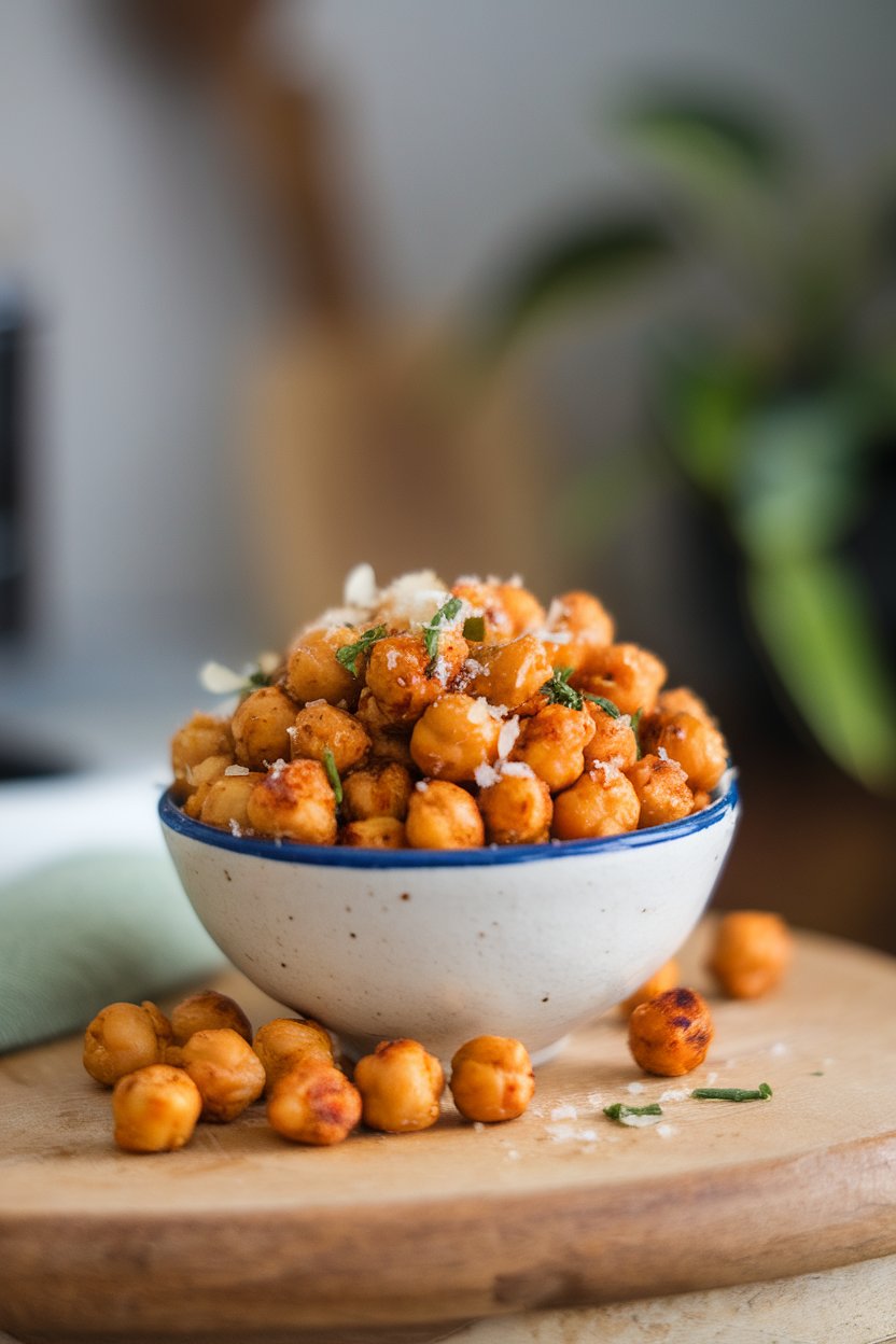 A small indoor bowl filled with crispy roasted chickpeas coated in herbs and Parmesan. No text or logos. Photo, not illustration.