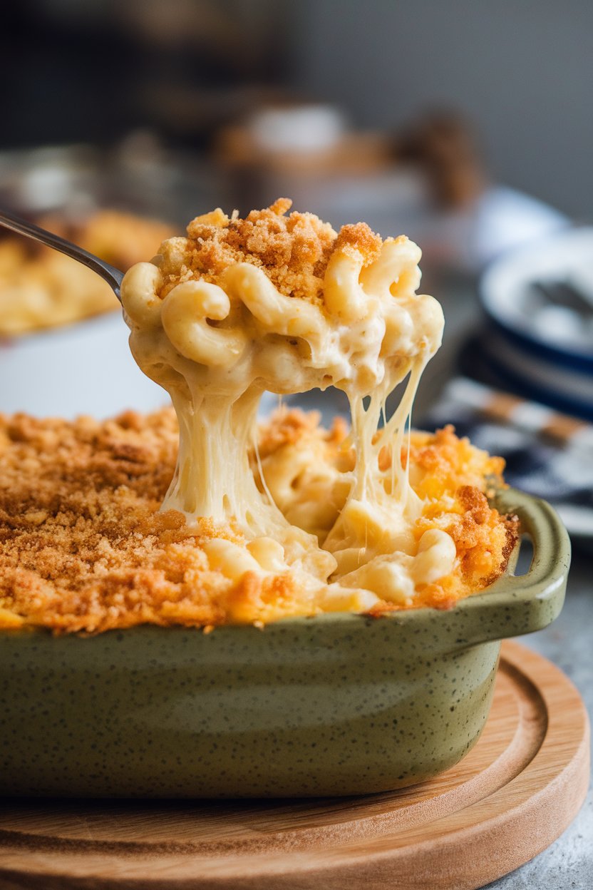 Indoor casserole dish of creamy mac and cheese with a golden breadcrumb topping, spoonful lifted to show stretchy cheese. Photo only, no text or logos.