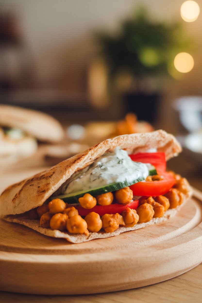 Indoor photo of whole-wheat pita stuffed with roasted chickpeas, cucumber, tomato, and a dollop of tzatziki; warm interior lighting; photo, no text or logos.