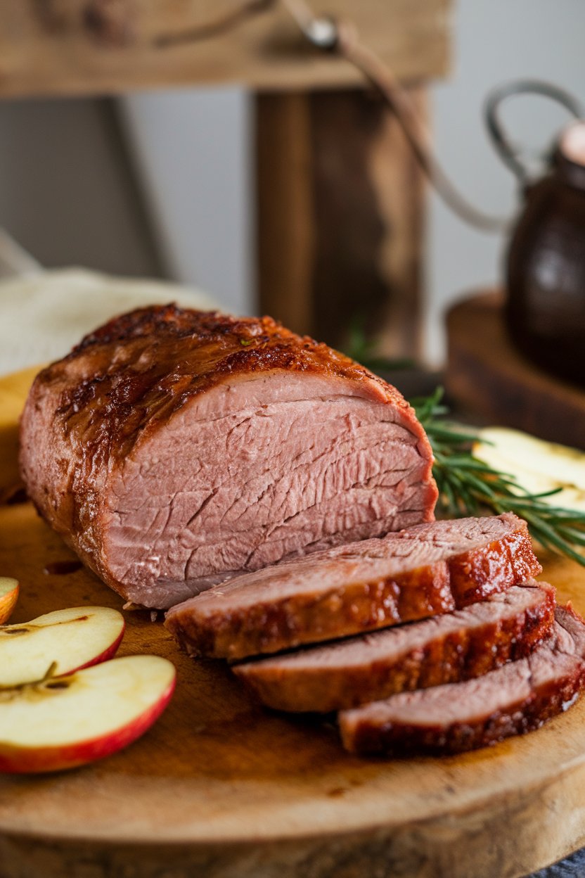 Indoor carving board showcasing sliced pork tenderloin with a caramelized maple-mustard glaze, roasted apple wedges on the side. No text or logos.