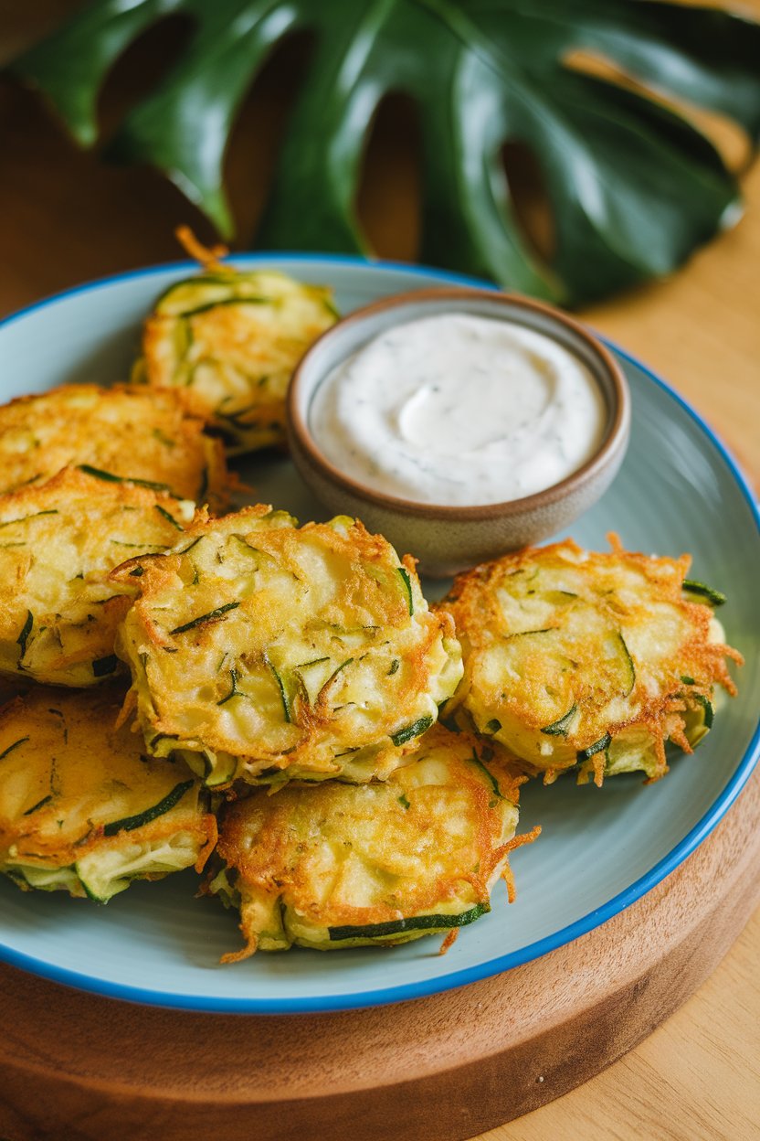 An indoor plate of golden zucchini fritters with a side of dairy-free yogurt dip; photo only, no text or logos.