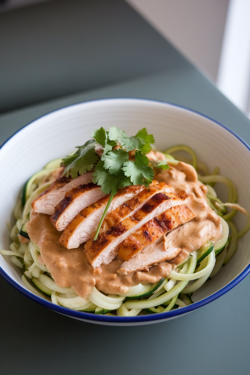 A bowl on an indoor table piled with zucchini noodles coated in a light peanut sauce, topped with sliced grilled chicken and cilantro. No visible branding anywhere.