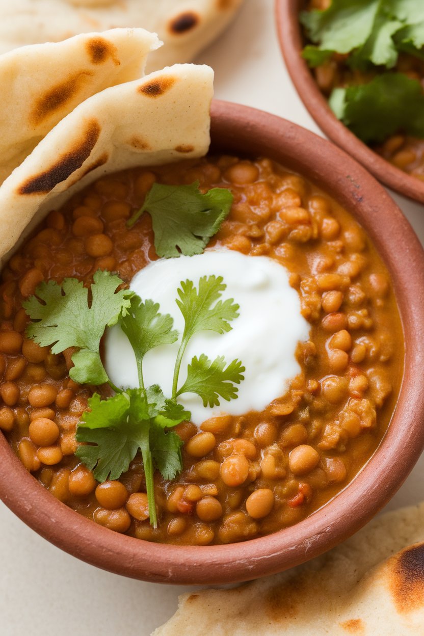 Indoor photo of a clay bowl brimming with red lentil dal, topped with cilantro and a dollop of yogurt, naan wedges visible at edge, no text or logos