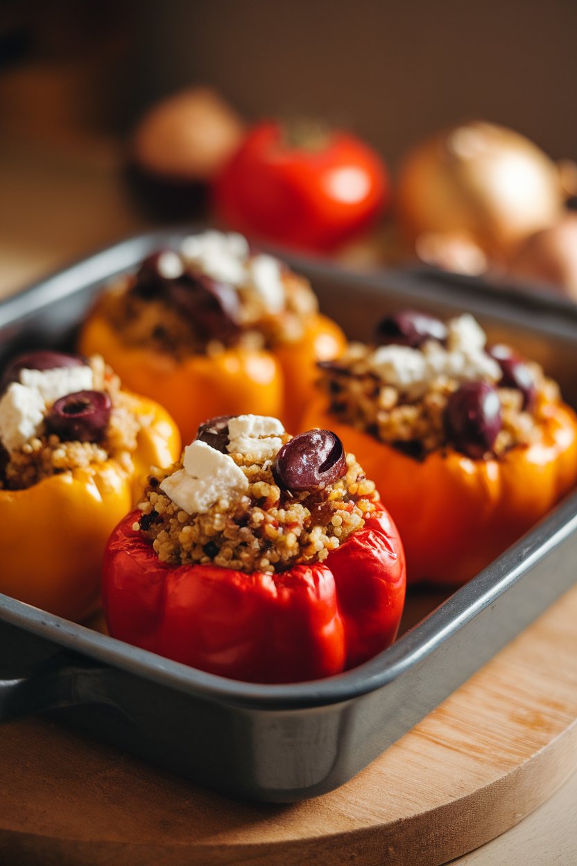 Indoor photo of roasted bell peppers filled with herbed quinoa, olives, and feta, placed on a baking dish, no text or logos.