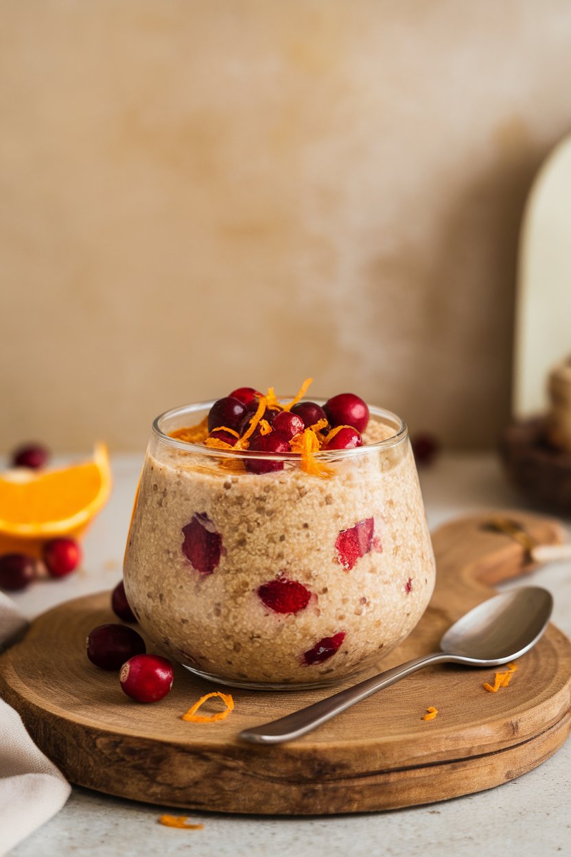 Indoor photo of warm quinoa pudding dotted with cranberries and orange zest in a small bowl. No text or logos.