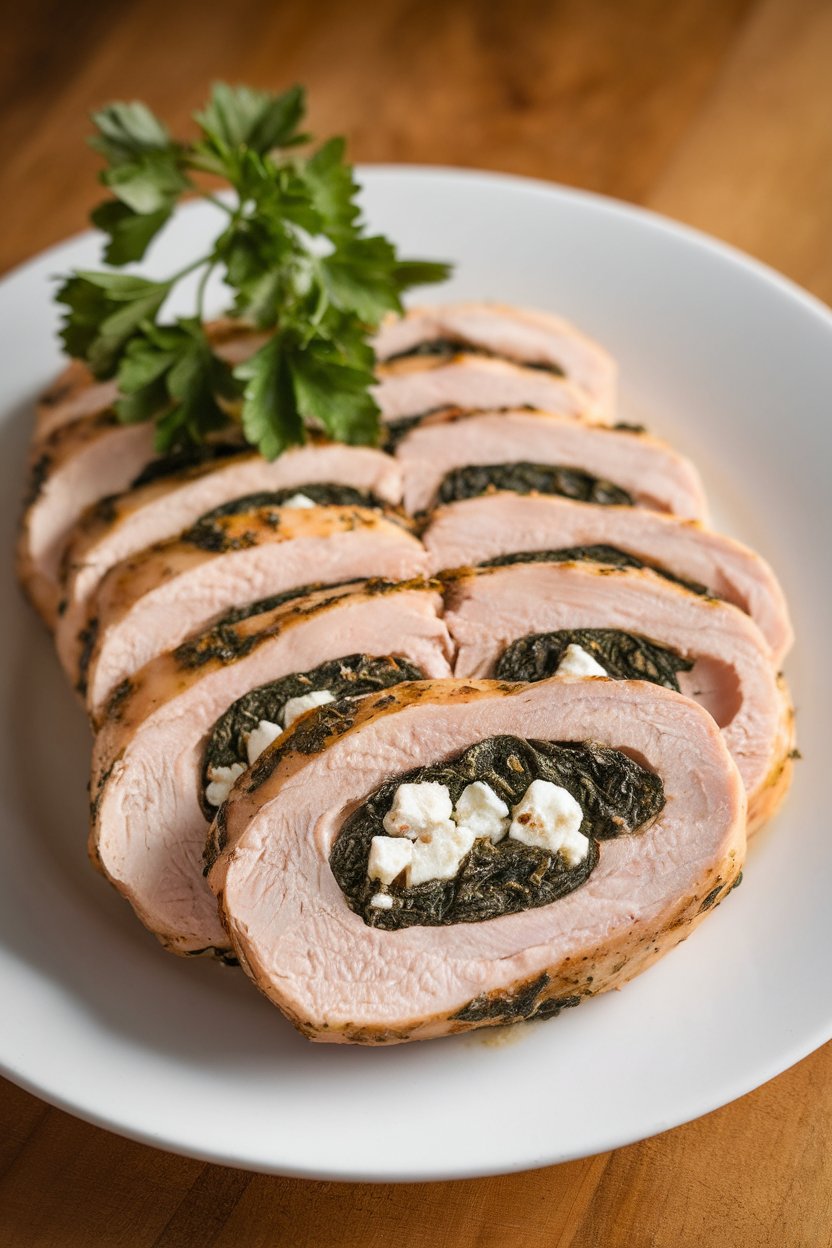 Indoor photo of sliced chicken breast showing spinach and feta filling, arranged on a white plate; soft kitchen lighting, no text or logos