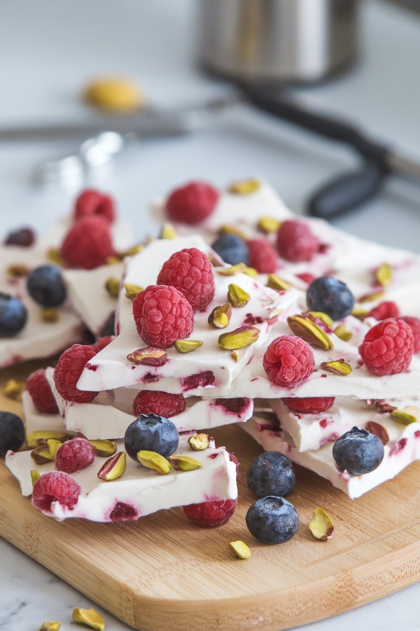 Photo prompt: Indoor cutting board with frozen shards of yogurt bark studded with raspberries, blueberries, and pistachios. No text or logos present.