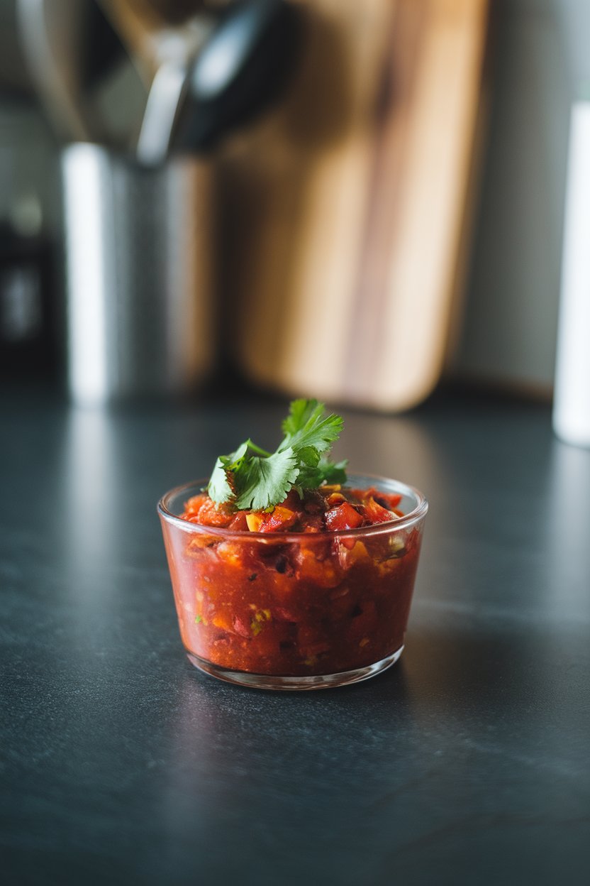 Photo of a small glass bowl of chunky red salsa on an indoor countertop, cilantro garnish, no text or logos