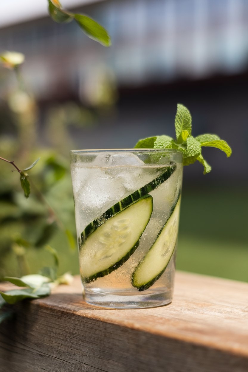 Indoor tumbler packed with ice, cucumber ribbons, and sparkling elderflower mocktail. No branding present.