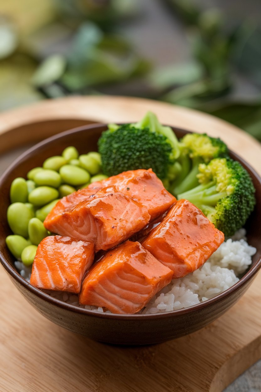 Photo of an indoor bowl containing glazed salmon chunks over steamed rice, edamame, and broccoli florets, no text or logos