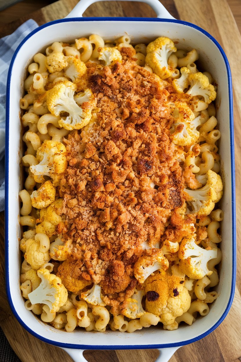 Indoor casserole dish filled with macaroni and roasted cauliflower florets lightly coated in a turmeric-spiked sauce, breadcrumbs toasted on top. No text or logos.