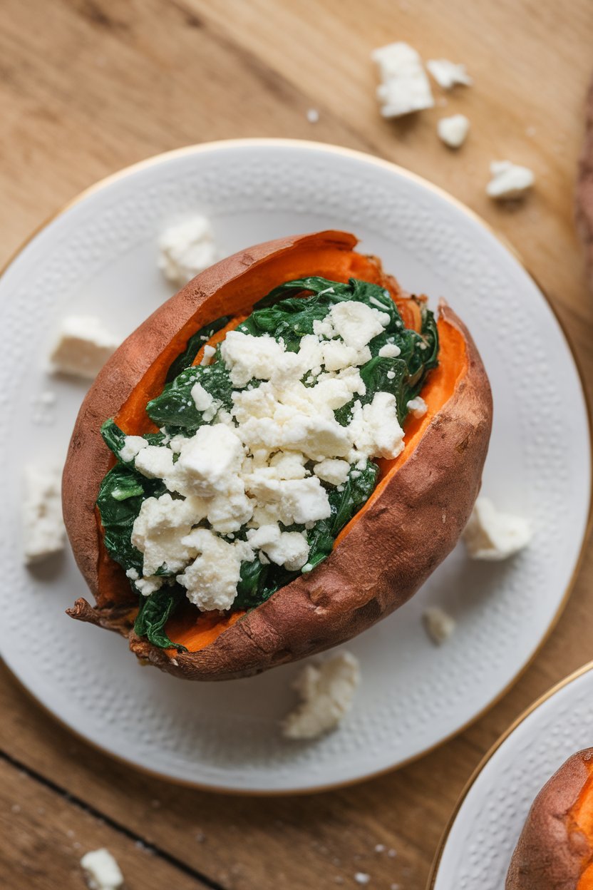 Indoor photo of a baked sweet potato split open and filled with sautéed spinach and crumbled feta, overhead angle, no text or logos