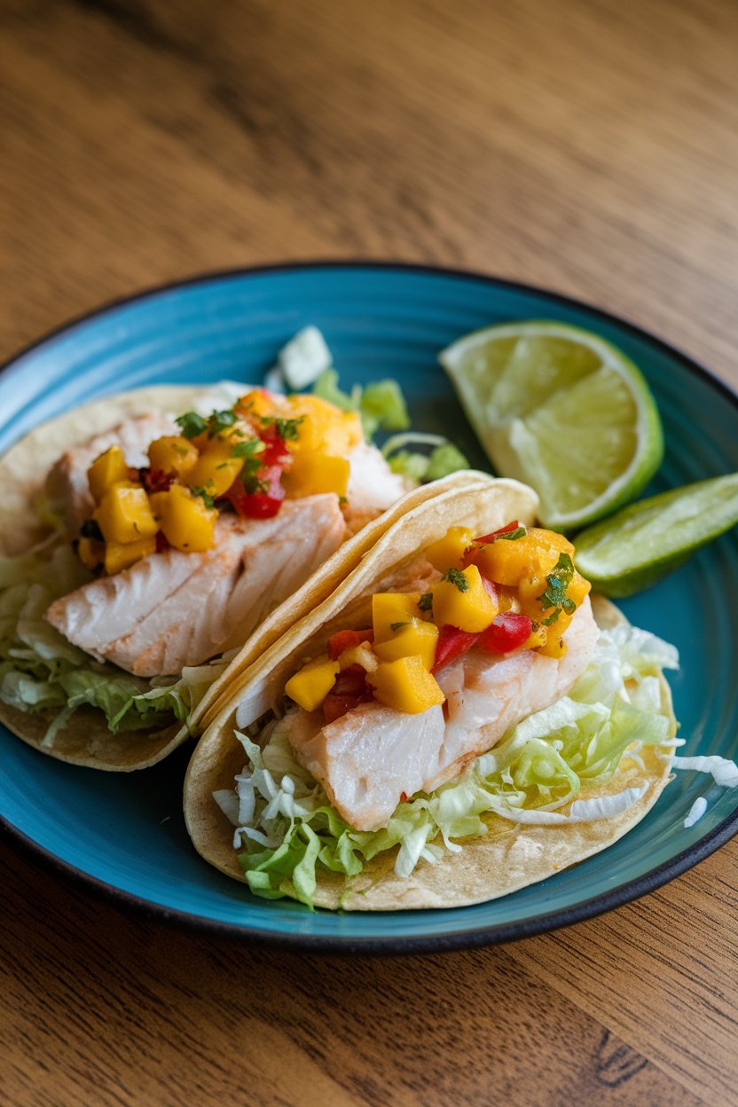 Photo of indoor plate with tacos containing flaky white fish, mango-habanero salsa, and shredded lettuce. No logos or text.