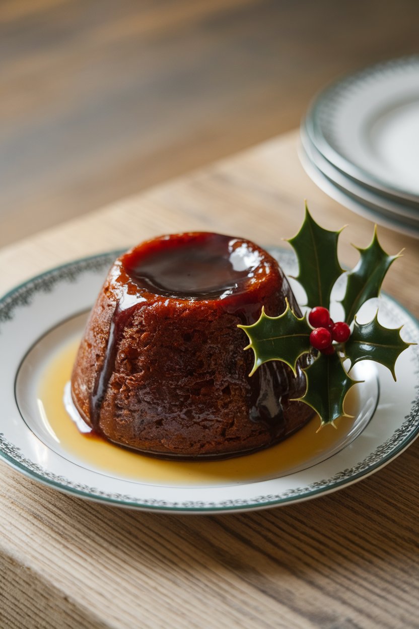 Indoor plate with a dark steamed pudding glazed with brandy sauce, holly sprig beside it. No text or logos. Photo only.
