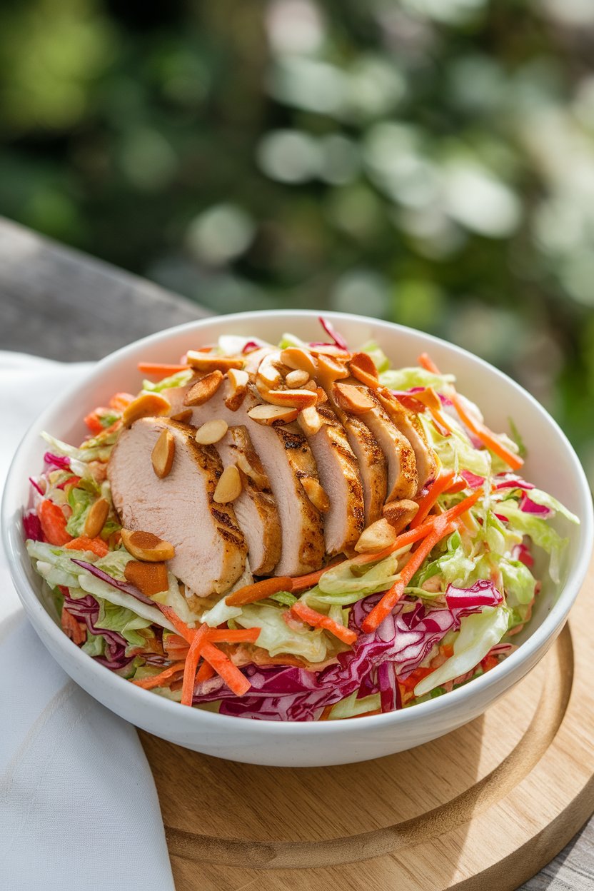 Indoor bowl of colorful cabbage slaw topped with sliced grilled chicken breast and toasted almonds; soft daylight; photo, no text or logos.