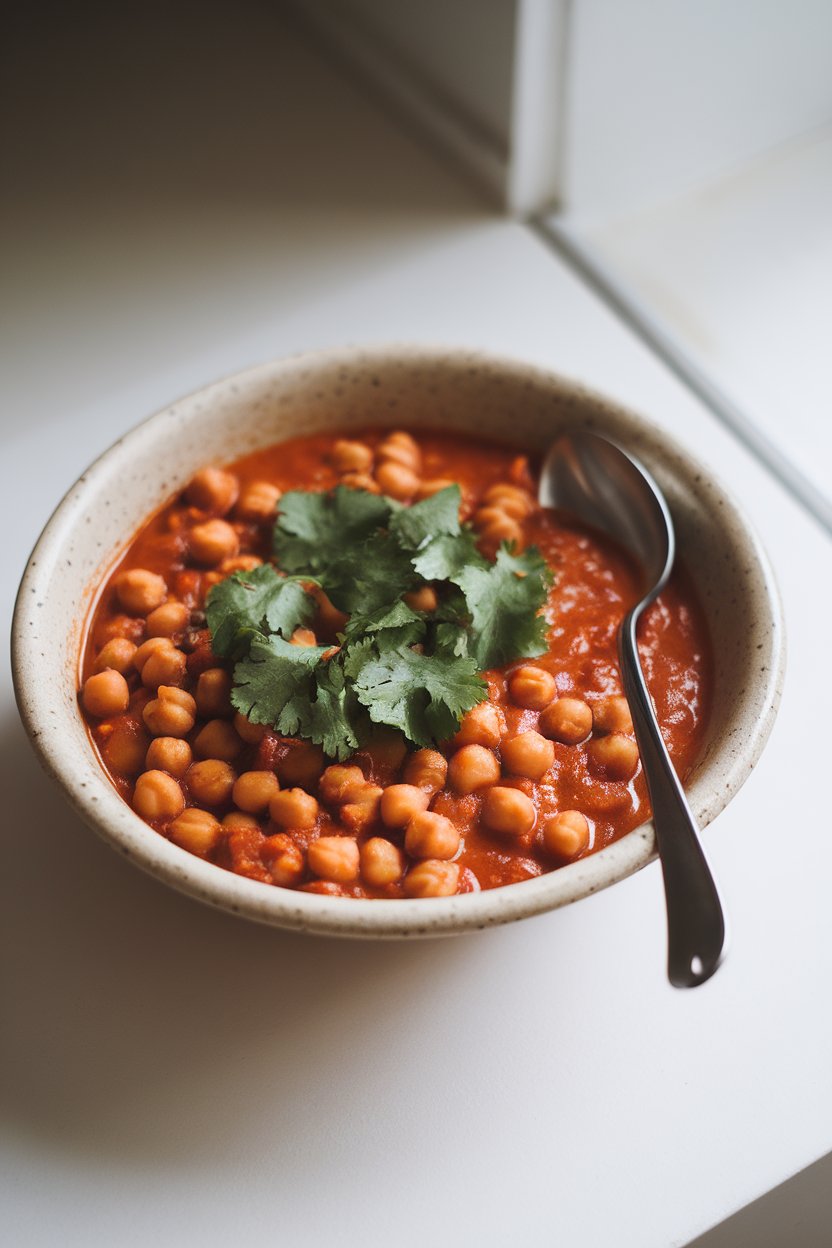 Shallow indoor bowl filled with red chickpea stew, garnished with cilantro and a spoon resting on the side. No logos.