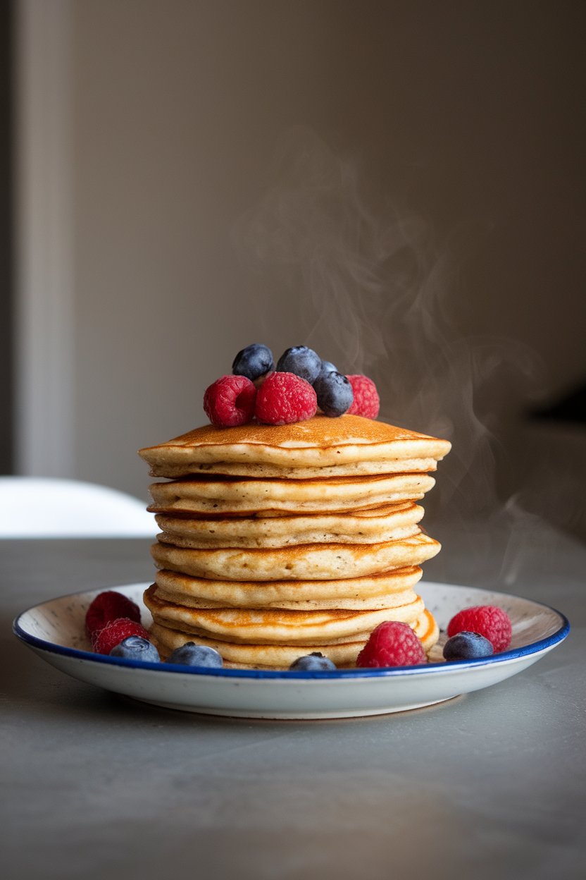 Photo of an indoor dining table featuring a stack of golden banana-oat pancakes with fresh berries on top, steam rising slightly, no text or logos