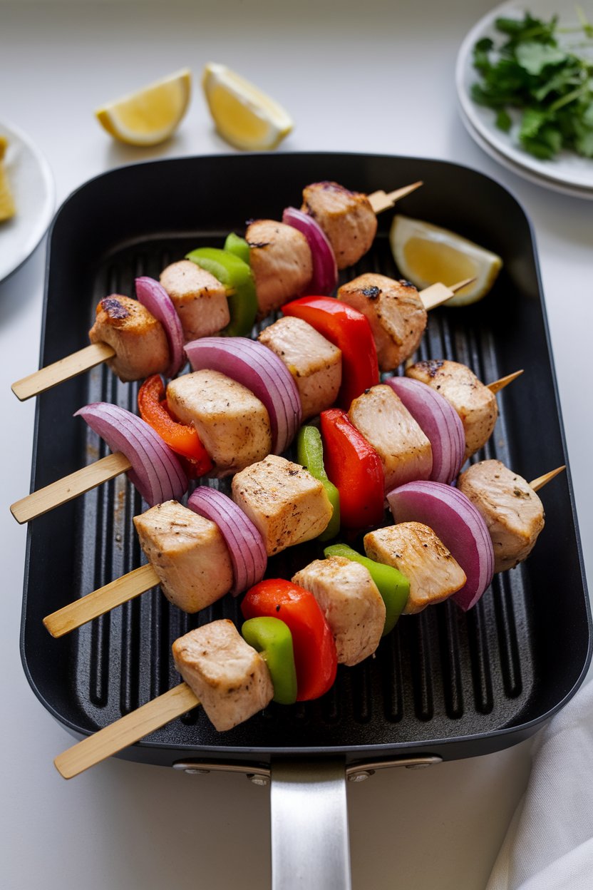 An indoor tabletop grill pan holding wooden skewers of cooked chicken cubes, red onion, and bell pepper, lemon wedges on the side. No logos or text. Photo.
