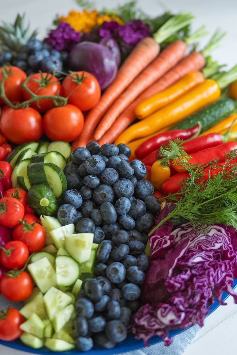 Photo — A vibrant indoor platter of red tomatoes, orange carrots, yellow peppers, green cucumbers, blue blueberries, and purple cabbage. No text or logos present.