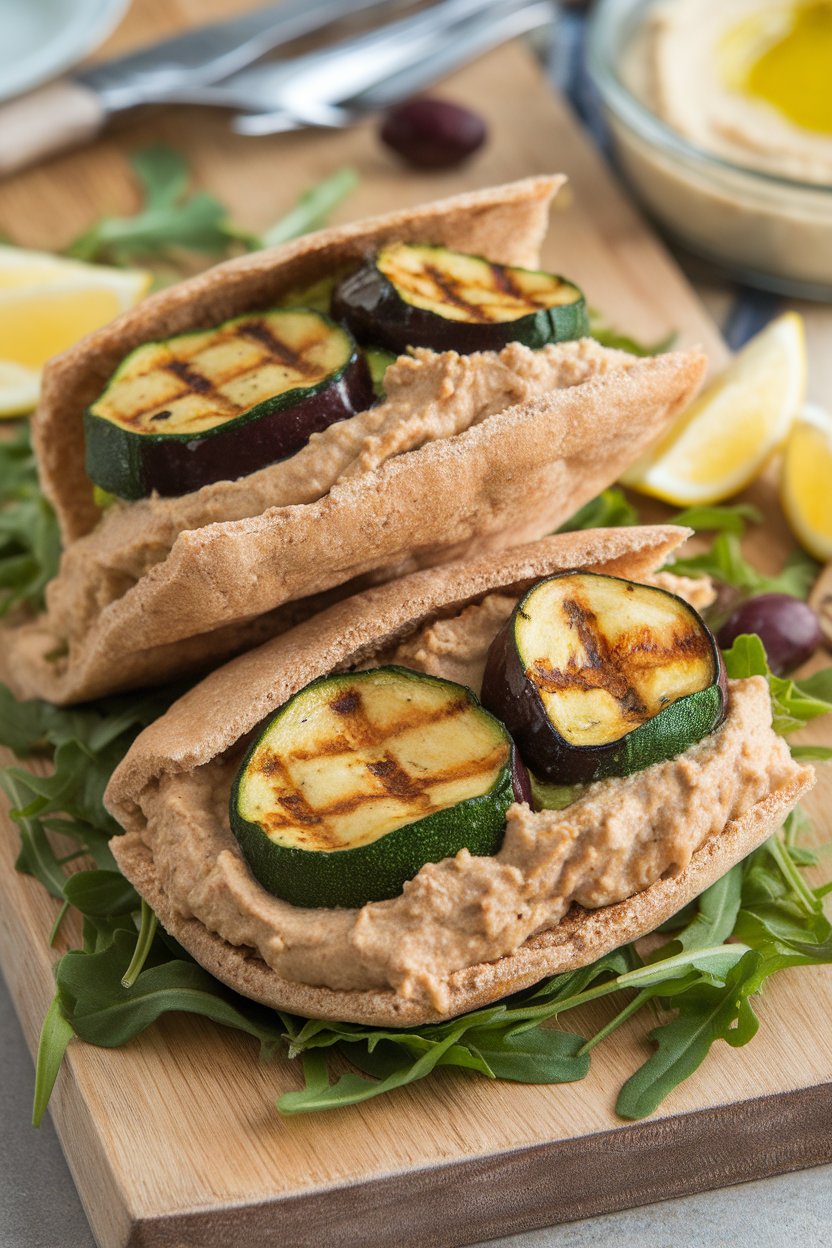 Indoor wooden board with halved whole-wheat pitas stuffed with grilled zucchini, eggplant, and hummus. No text or logos; photo.