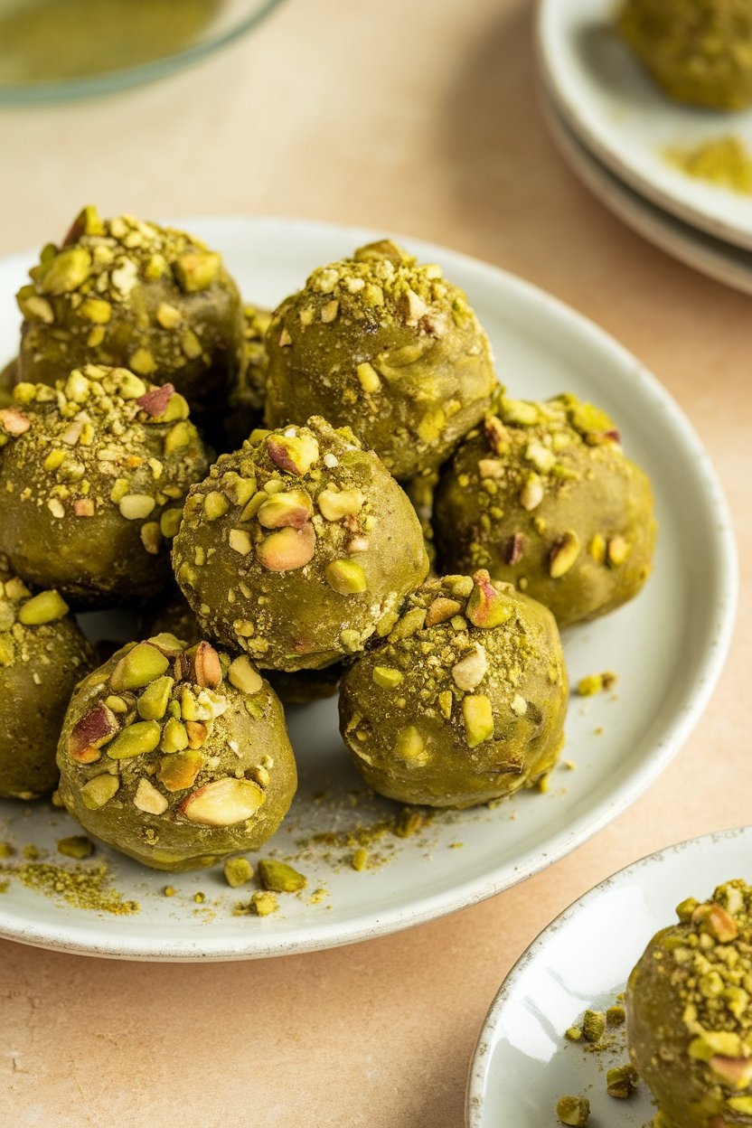 Indoor dessert plate holding green-tinted matcha pistachio energy bites rolled in crushed pistachios. No text or logos.