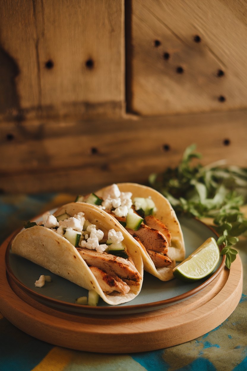 Photo of indoor plate with tacos filled with grilled oregano chicken, diced cucumber, and feta crumbles. No logos or text.