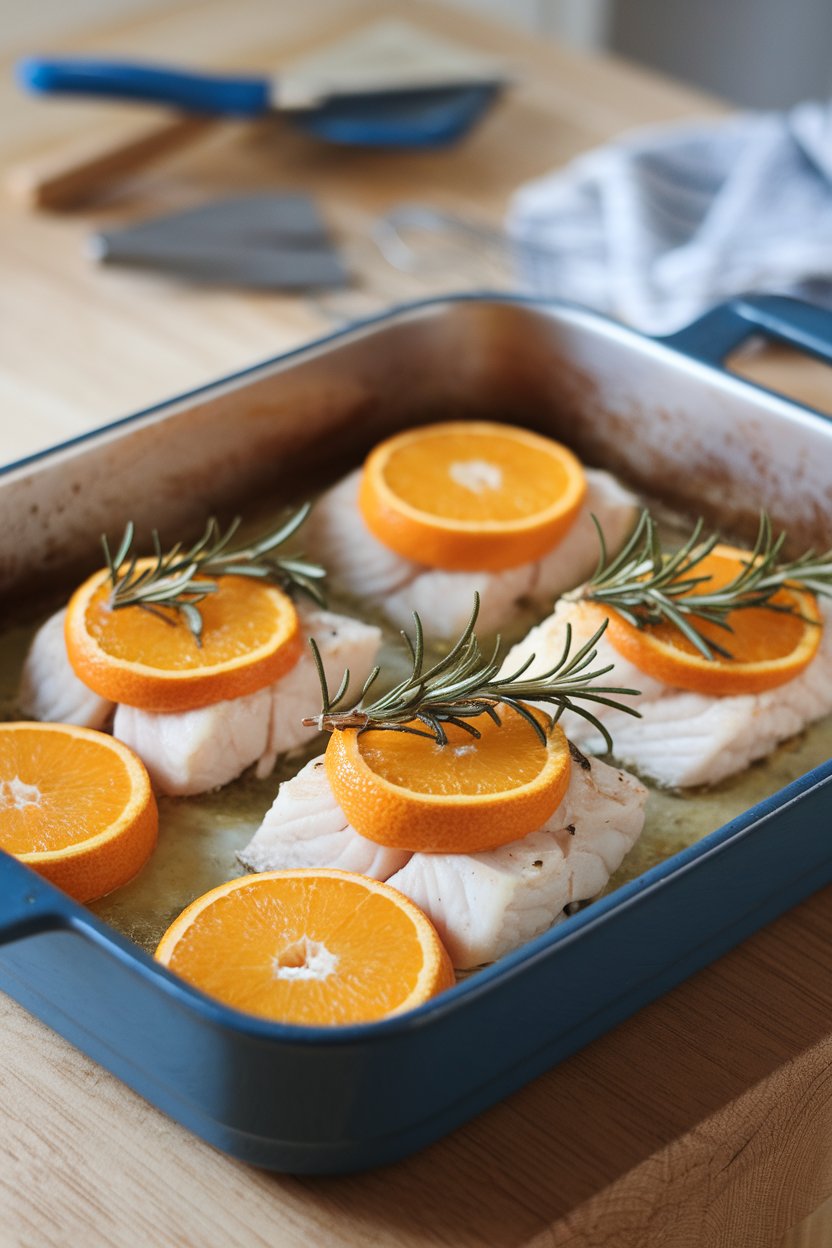 Indoor baking dish featuring cooked cod fillets topped with orange slices and rosemary sprigs. No text or logos.
