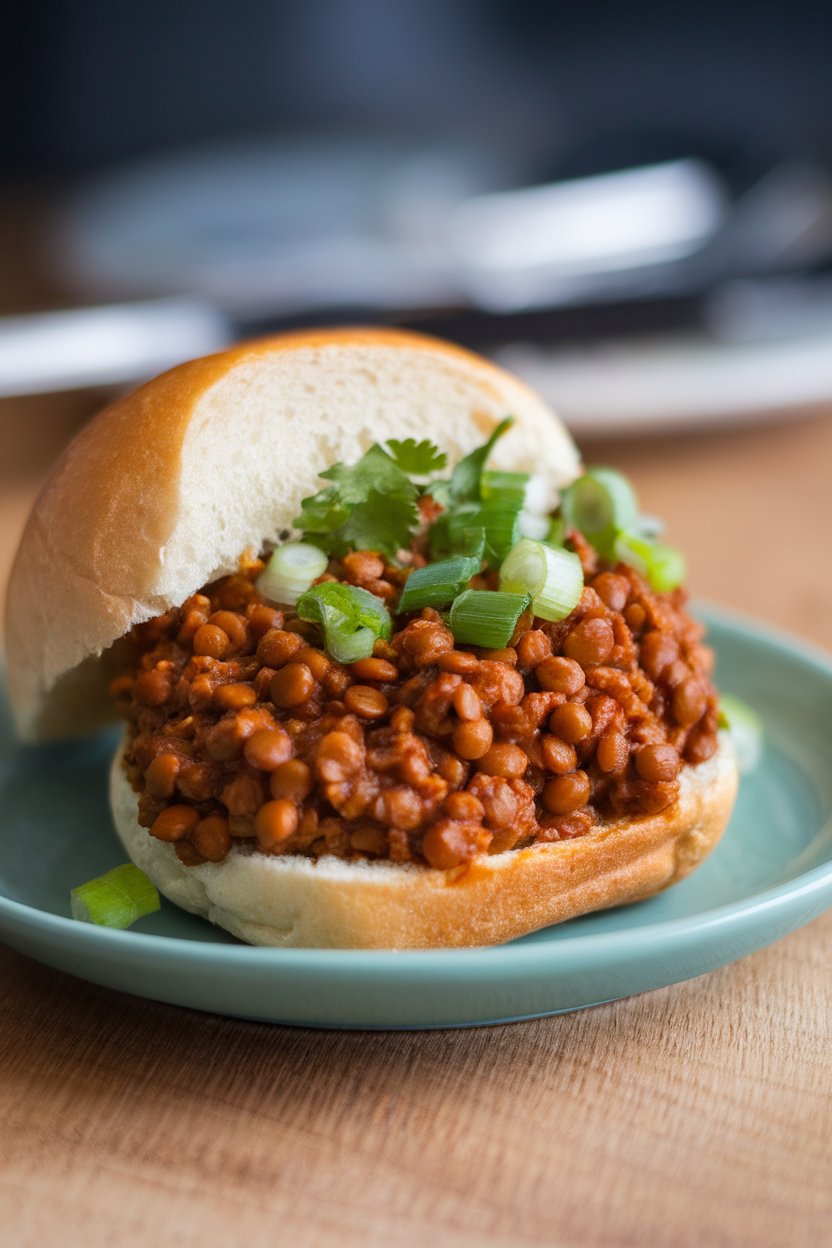 A small indoor plate with an open slider bun piled high with saucy lentil sloppy joe filling; no text or logos.