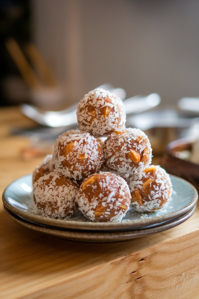 An indoor dessert plate stacked with round date and nut energy bites rolled in shredded coconut. No text or logos. Photo, not illustration.