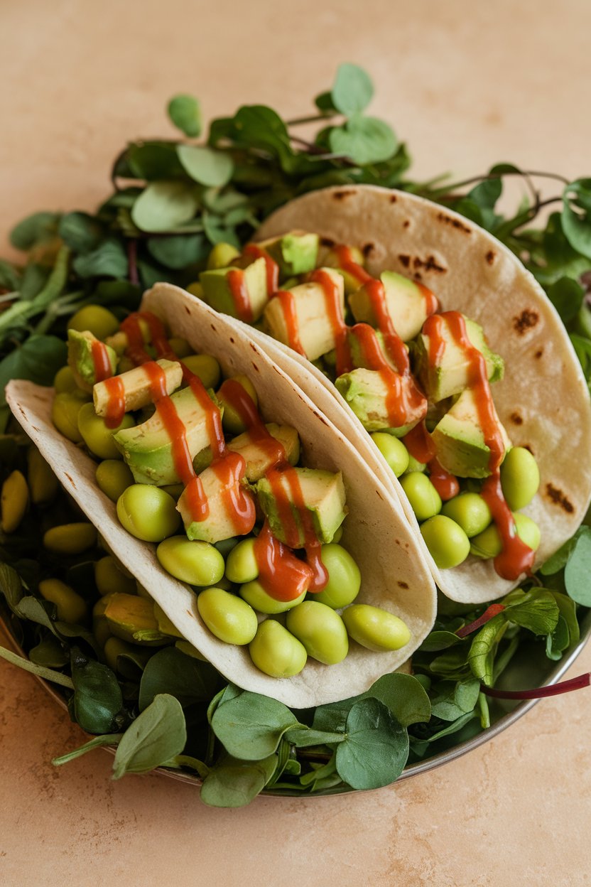 Indoor photo of tacos containing shelled edamame, diced avocado, and sriracha drizzle. No text or logos.