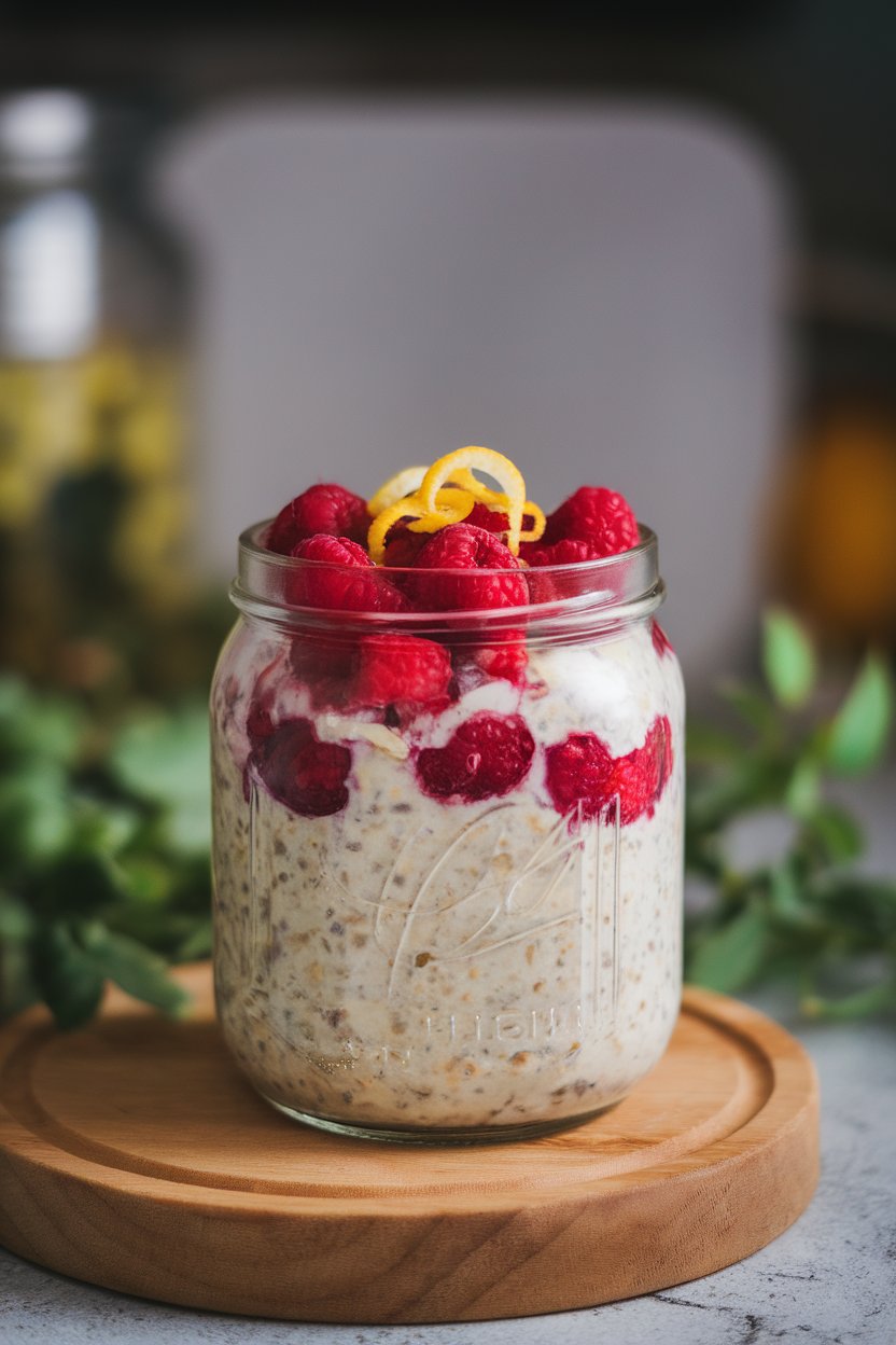 Indoor tabletop photo showing a glass jar of overnight oats swirled with vibrant raspberries and garnished with a twist of lemon zest. No logos or text. Photo only.