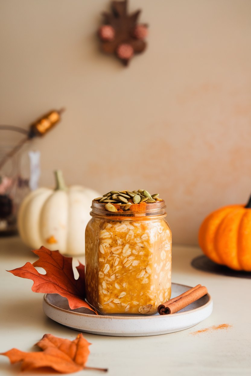 Indoor autumn-themed counter with a jar of orange-hued oats topped with pumpkin seeds and a light sprinkle of pumpkin pie spice. No branding or text. Photo only.