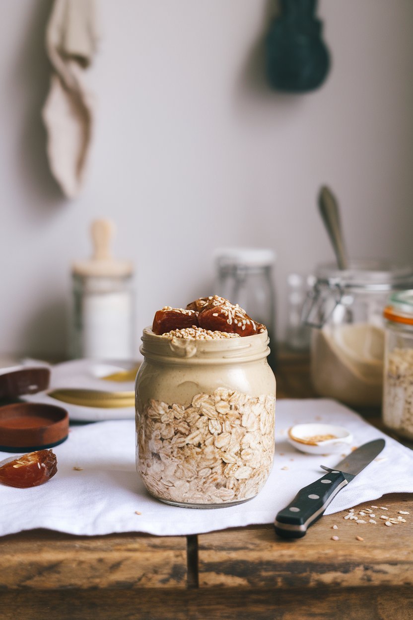 Indoor rustic wood table view showing a jar of oats swirled with creamy tahini and topped with chopped Medjool dates and sesame seeds. No text or logos. Photo only.